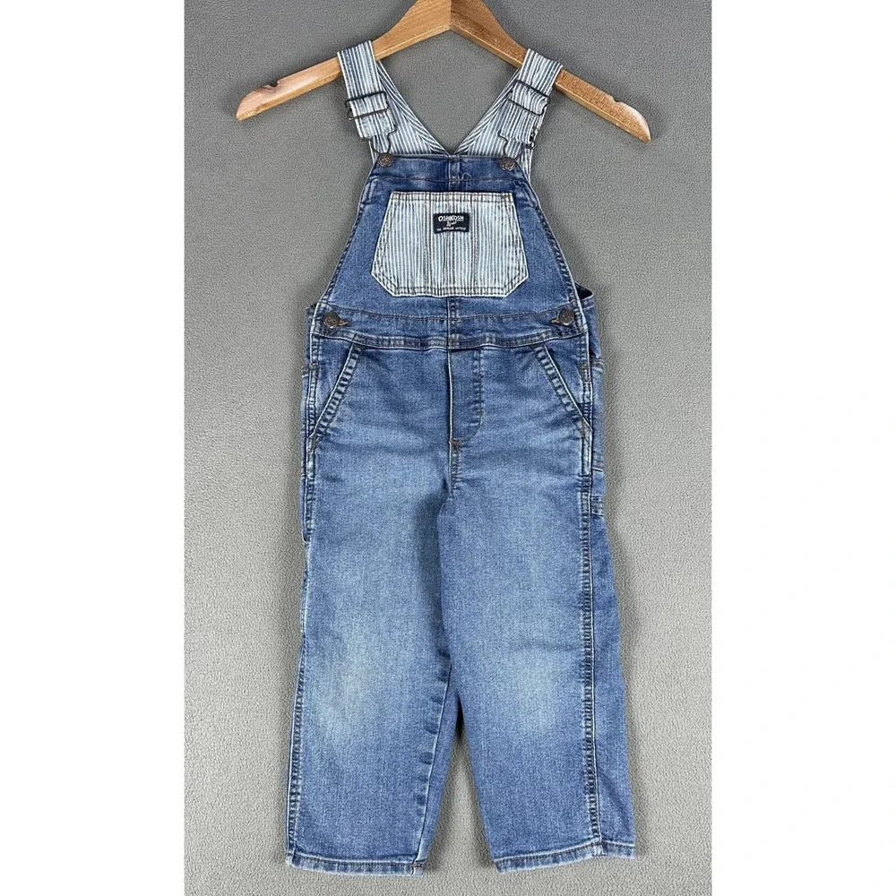 OshKosh Bgosh Denim Overalls Kids 4T Blue Hickory Stripe Bib Carpenter Dungarees